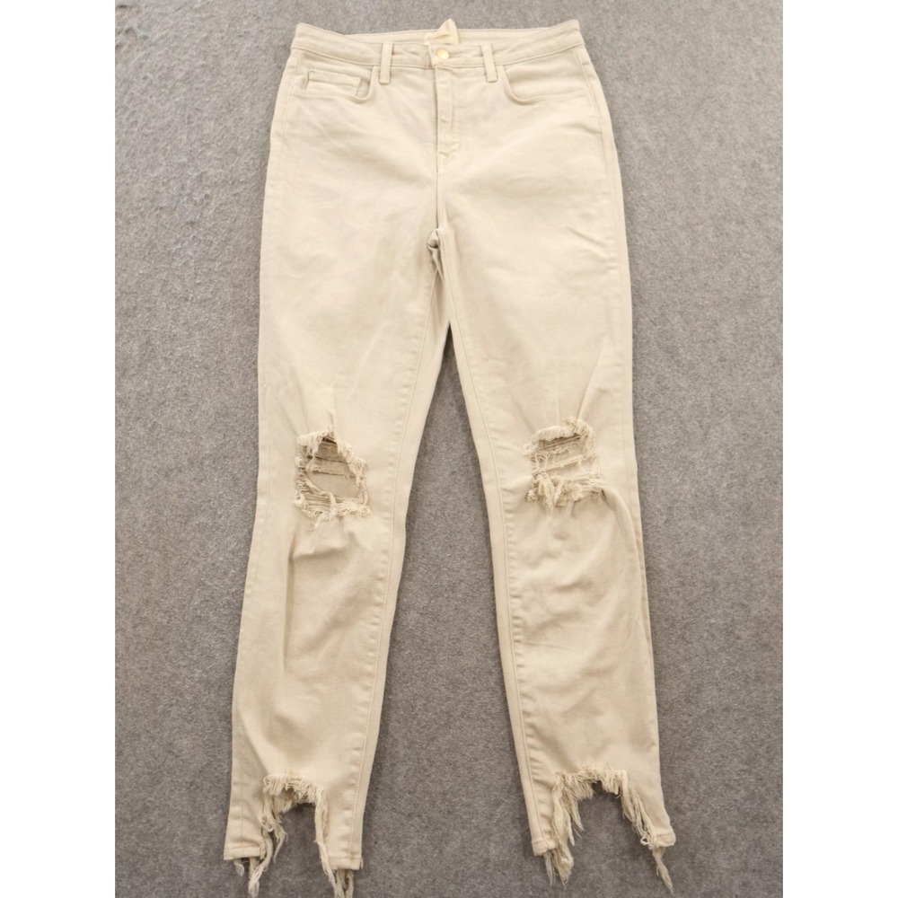 L'Agence Jeans Womens 28 Beige High Line Skinny Stretch High Rise Zip Distressed
